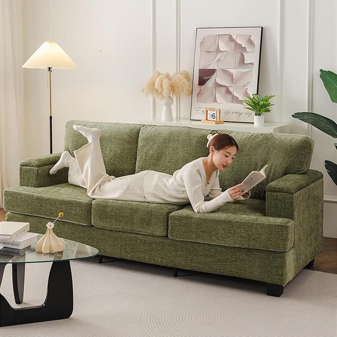 85'' L Shaped Couch with Armrest Organizer,Comfy 3 Seats Sofa with Thick Cushion,Chenille Sectional Couches for Living Room,Bedroom,Apartment,Sofa Set with Oversized Chair,Home Furniture,Green