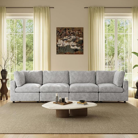 WJShome Modern Sectional Sofa 134 Inch 4-Seater Cloud Couch with Chenille Deep Seat Couches for Living Room, Bedroom and Apartment，Gray