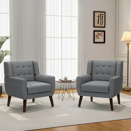 Accent Chair, Mid-Century Modern Fabric Chairs with Arms for Living Room, Comfy Upholstered Club Single Sofa Armchair for Bedroom Waiting Room with Solid Wood Frame (Fabric Grey, Set of 2)