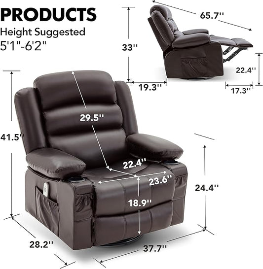 Oversized Recliner Chairs for Adults, 360° Swivel Rocking Recliner with Heat and Massage Lazy Boy Recliner,Recliner Chairs Single Sofa Seat with Cup Holders (Darkbrown, Regular)