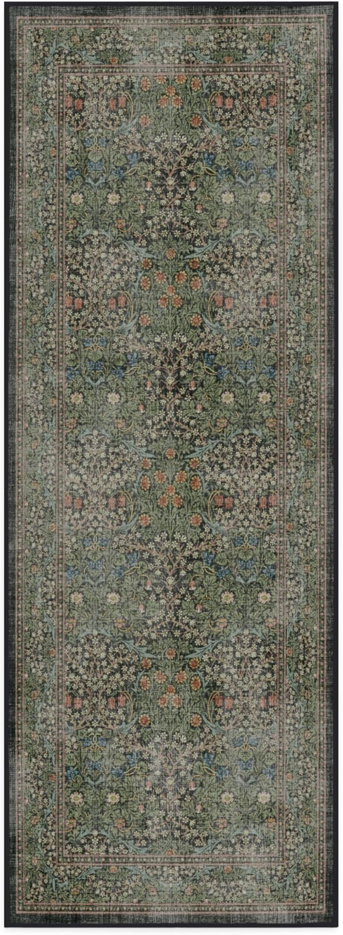 RUGGABLE x Morris & Co Machine Washable Runner Rug – Blackthorn Forest Green 2.5x7, Stain-Resistant, Non-Slip – Washable Rug for Hallway, Entryway, Living Room & Kitchen–with Cushioned Pad