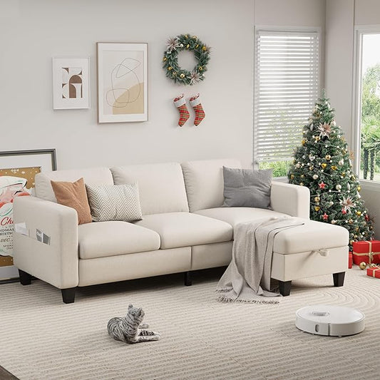 Sectional Sofa and Couches for Living Room, 78'' Beige 3 Seat L-Shaped Couch with Movable Ottoman, Comfy Fabric Convertible Sectionals Sofas with Chaise for Apartment, Office, Small Space