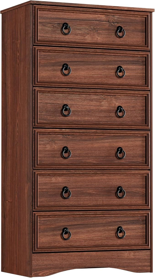 6 Drawer Dresser 52" Tall for Bedroom, Wood 6 Chest Drawers, Storage for Clothes, Narrow Large Drawers, Taupe Vintage, for Living Room, Bedroom, Hallway, Cherry Wood