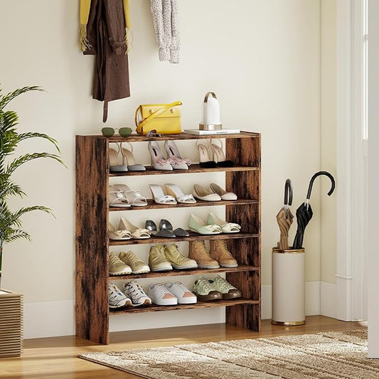 COSTWAY 6-Tier Shoe Rack, Extra Wide Shoe Shelf Organizer with Stackable Design, 31" Freestanding Adjustable Storage Shoe Stand for Small Space Entryway Hallway Closet (1,Rustic Brown)