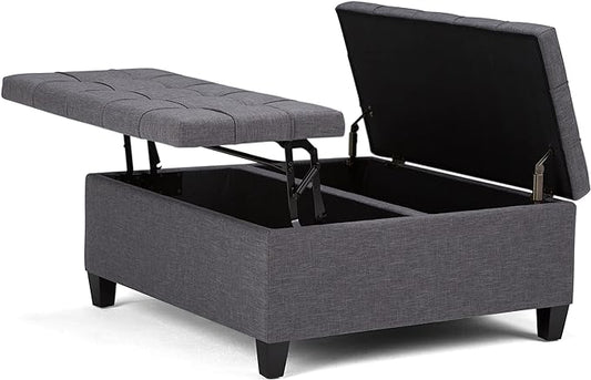SIMPLIHOME Harrison Coffee Table Storage Ottoman - 36 inch Wide Upholstered Linen Look Fabric Square Lift-Top Ottoman in Slate Grey, Transitional Ottoman for Living Room with Hidden Storage