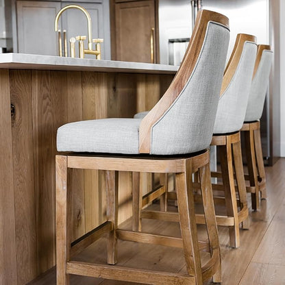 Maven Lane Vienna Counter Stools 26 Inches – Set of 2 – Swivel Stools with Footrests – Brown Solid Wood and Natural Fabric Upholstery – Ideal for Kitchen Islands and Counters