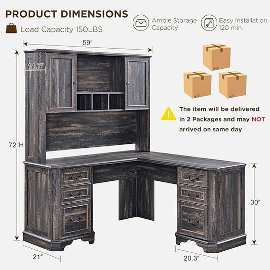 T4TREAM L Shaped Desk with Hutch,59" Farmhouse Wood Home Office Executive Desk,Charging Station,File Drawer, Storage Cabinet,Computer Desk for Work and Study (Dark Rustic Oak)