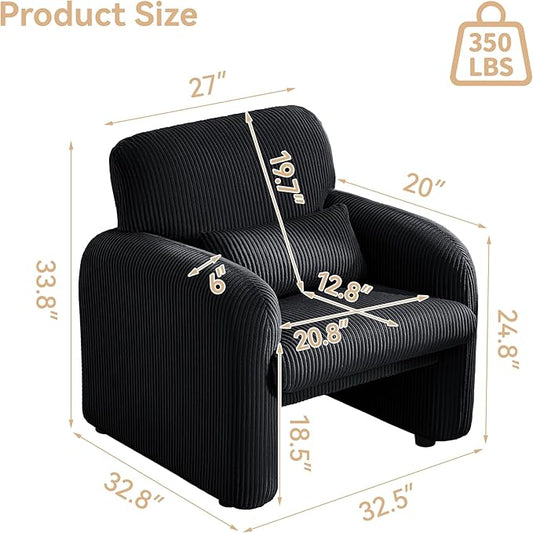 Corduroy Fabric Accent Chair, Modern Upholstered Living Room Chairs with Lumbar Pillow, Wide Comfy Leisure Armchair for Bedroom, Office, Reading, Black