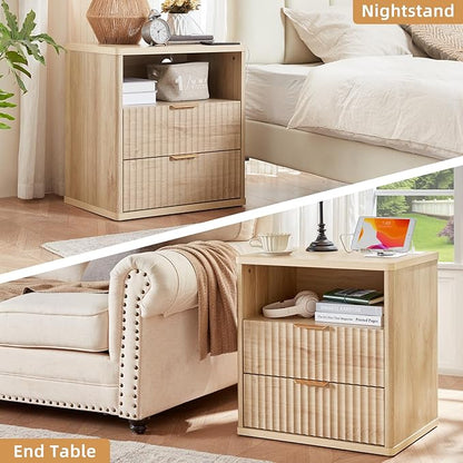 LEYAOYAO Fluted Farmhouse Nightstand Set of 2 with Charging Station, 23" Wide 2 Drawers End Table,Natural Dresser for Bedroom,Bed Side Table Chest of Drawers Cabinet,Wood Night Stand for Living Room