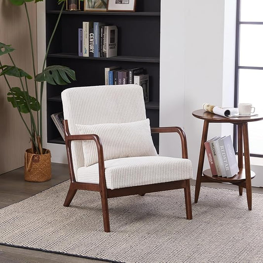 Accent Chairs, Mid-Century Modern Chair with Pillow, Armchair with Solid Wood, Reading Relaxing Leisure Chair for Living Room（Beige/Walnut）