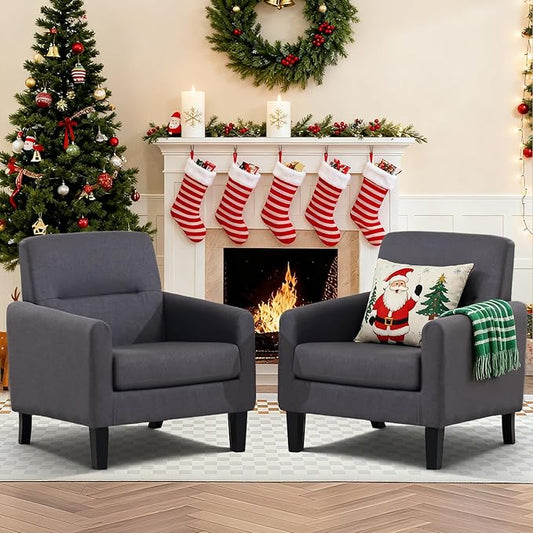Accent Chairs Set of 2, Mid Century Modern Living Room Chairs Comfy Reading Chair with Upholstered Cushion Relax Armchair for Bedroom Apartment,Office, Dark Grey