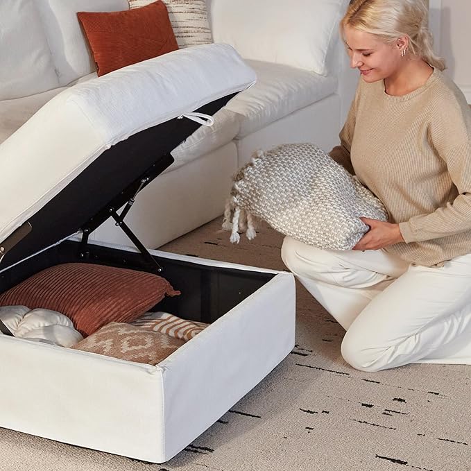 Modular Cloud Sofa, 110.2" Cloud Sectional Couches with Deep Seat, L-Shape 3-Seat Couch with Ottoman for Living Room, Modern Comfy Couch with Washable Cover, Wide Armrest (White,1 Ottoman)