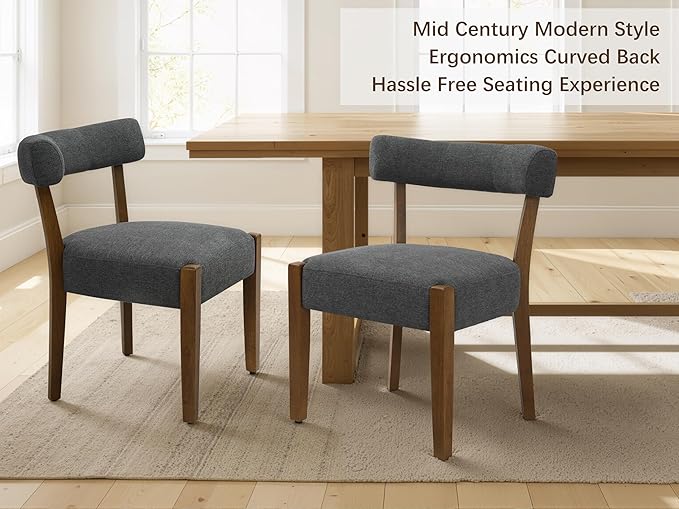 Modern Dining Chairs Set of 4, Walnut Upholstered Kitchen & Dining Room Chairs, Mid Century Wooden Dining Chairs Oversized Sturdy Fabric Rounded Chairs Curved Back, Dark Grey