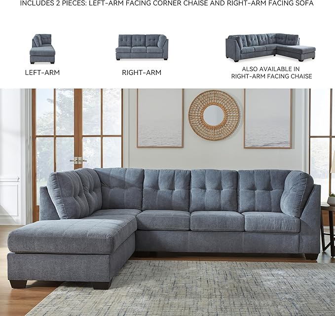 Signature Design by Ashley Marleton Contemporary Left-Arm Facing Tufted 2-Piece Sleeper Sectional with Chaise, Loose Seat Cushions and Bi-Fold Memory Foam Mattress, Full, Blue