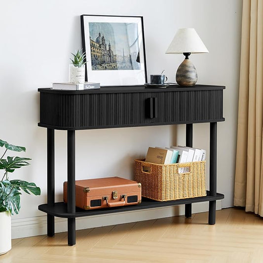 RARZOE Console Table with Storage, Fluted Entryway Table with Sliding Door&Open Shelf, Sofa Table Behind Couch, Mid-Century Modern Accent Table for Hallway, Entrance, Foyer, Fully Assembled(Black)