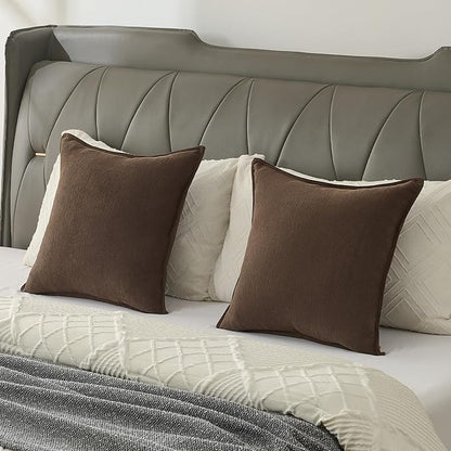 FUTEI Dark Coffee Chenille Throw Pillow Covers 24x24 Inch Set of 2,Edges Double-Stitched European Cushion Cases,Modern Home Decor for Couch Living Room