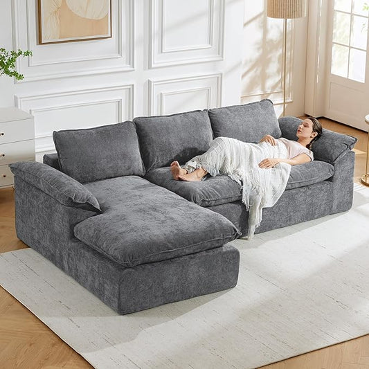 Modular Sectional Sofa, 107.5" L-Shaped Boneless Couch with Deep Seat, Modern Minimalist Upholstered Cloud Sectional Couch for Living Room Bedroom, No Assembly Required, Dark Gray Chenille