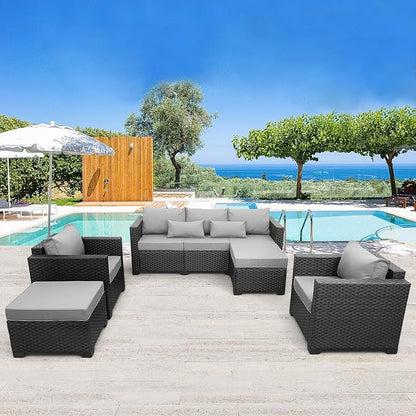 Rattaner Outdoor Wicker Furniture Couch Set 5 Pieces Patio Furniture Sectional Sofa with Grey No-Slip Cushions and Waterproof Covers