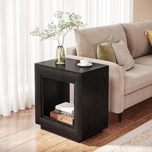 Tribesigns Rustic Wood End Table, 2 Tiered Square Side Table with Storage Shelf, Industrial Sofa Side Table for Living Room, Entrance (1, Dark)