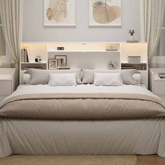 King Size Headboard Only for Bed, Wood Bookcase Headboard with Charging Station & 2 LED Lights, Modern King Bookshelf Headboard with Storage, Noise-Free, Sturdy and Durable, White