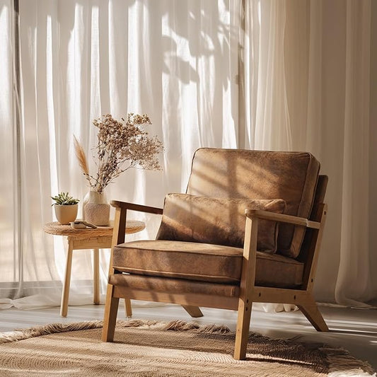 VINGLI Solid Wood Wide Armrests Accent Chair,Upholstered Mid Century Modern Chair with Pillow,Comfy Reading Chair Farmhouse Arm Chair,Chairs Living Room,Bedroom,Guest Room,Suede,Rustic