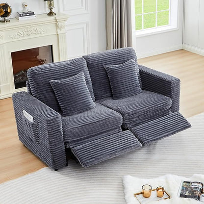Power Reclining Sectional Sofa, Electric Loveseat Recliner with 2 Electric Footrest and Adjustable Headrest, Modern Plush Corduroy Fluffy Reclining Sectional with Deep Seat for Living Room-Blue Grey