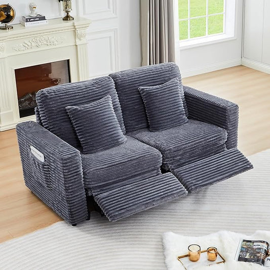 Power Reclining Sectional Sofa, Electric Loveseat Recliner with 2 Electric Footrest and Adjustable Headrest, Modern Plush Corduroy Fluffy Reclining Sectional with Deep Seat for Living Room-Blue Grey