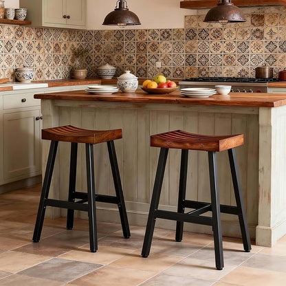 OUllUO Bar Stools Set of 4, Backless Saddle Barstools, 25" Counter Height Bar Stools, Solid Wood Counter Stools with Metal Frame, 521P-BBWD4