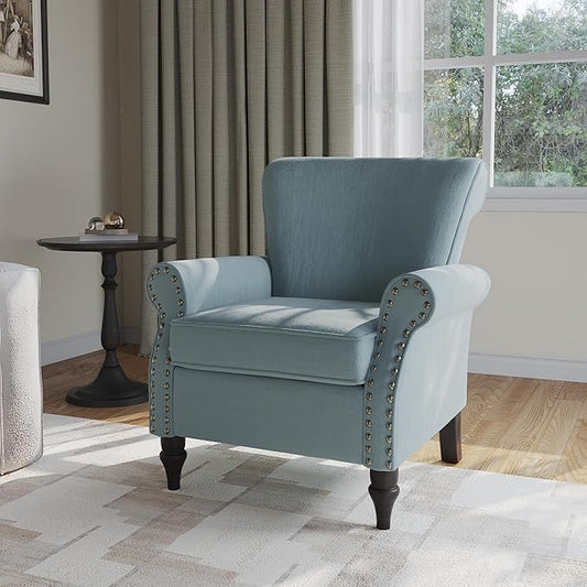 Accent Chair, Upholstered Armchair with High Resilience Sponge & Wood Legs, Mid-Century Modern Comfy Single Sofa Reading Chairs for Living Room, Bedroom (Blue, Set of 1)