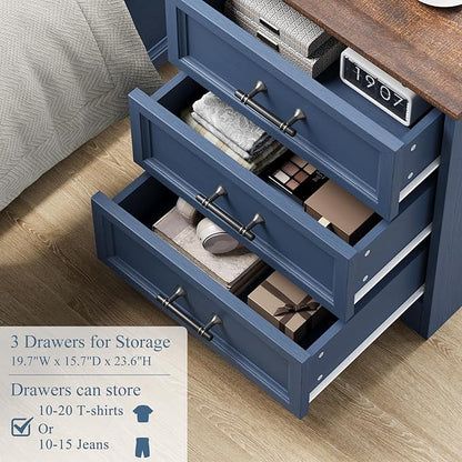 Blue Nightstand with Charging Station, 19.7" Farmhouse End Table with 3 Drawers Storage, Bedside Table with Brushed Metal Handles, Unique Base Design, 3 Drawer Dresser for Bedroom, Living Room