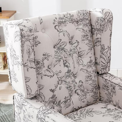 DUOMAY Tufted Accent Chair Set of 2, Modern Linen Upholstered Wingback Side Arm Chair for Living Room Bedroom with Wood Legs, Comfy Reading Guest Chair for Office, Beige Flower Pattern
