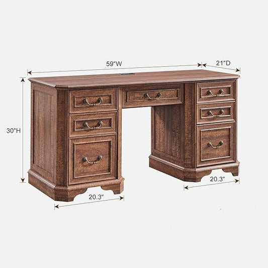 RedLemon 60" Executive Desk with Drawers,Wood Home Office Desk, Featuring Keyboard Tray,Charging Station,File Drawer, Storage Cabinet,for Work and Study (Reclaimed Barnwood)