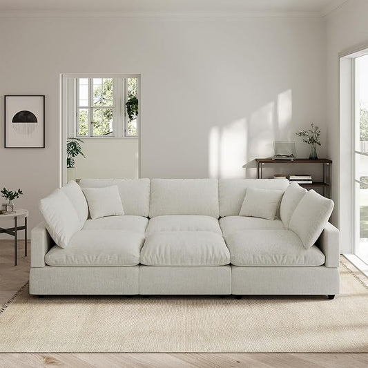 Linen Sleeper Sofa Bed,Modern Sectional Sofa Couch for Living Room,95.4 Inch Cloud Couches Cushion Covers Removable,Cozy Feather Down Sofa for Apartment Cream White