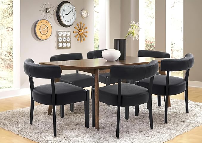 Modern Black Dining Chairs Set of 2, Faux Leather Upholstered Kitchen & Dining Room Chairs, Mid Century Modern Wooden Dining Chairs Oversized Sturdy Rounded Chairs Curved Back