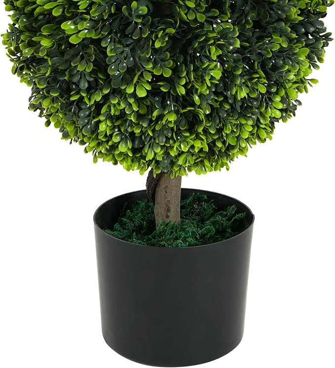 Christopher Knight Home Alene Set of 2 34''H Pre-Potted Artificial Tree Indoor, Artificial Topiary Boxwood Tree Double Ball with Pot, Faux Tree with Natural Wood Trunk with Black Plastic Pot, Green