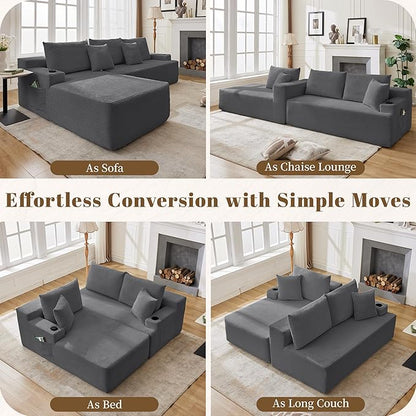 106" Cloud Sectional Couch, Modular Sectional Sofa with L-Shape Chaise, Corduroy Boneless Couch with Deep Seat, Upholstered Sofa for Living Room, No Assembly Required(Left-Facing Chaise, Dark Grey)