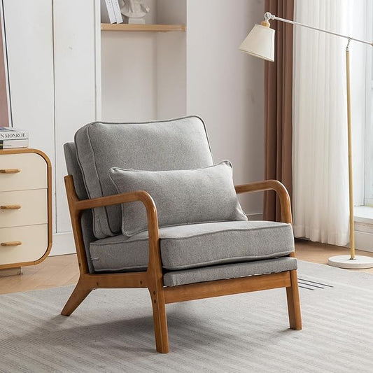 Mid-Century Accent Chair,Linen Fabric Lounge Chair with Wide Armrest,Linen Fabric Armchair withLumbar Pillow & Solid Wood Frame for Living Room, Bedroom, Balcony(Light Gray)