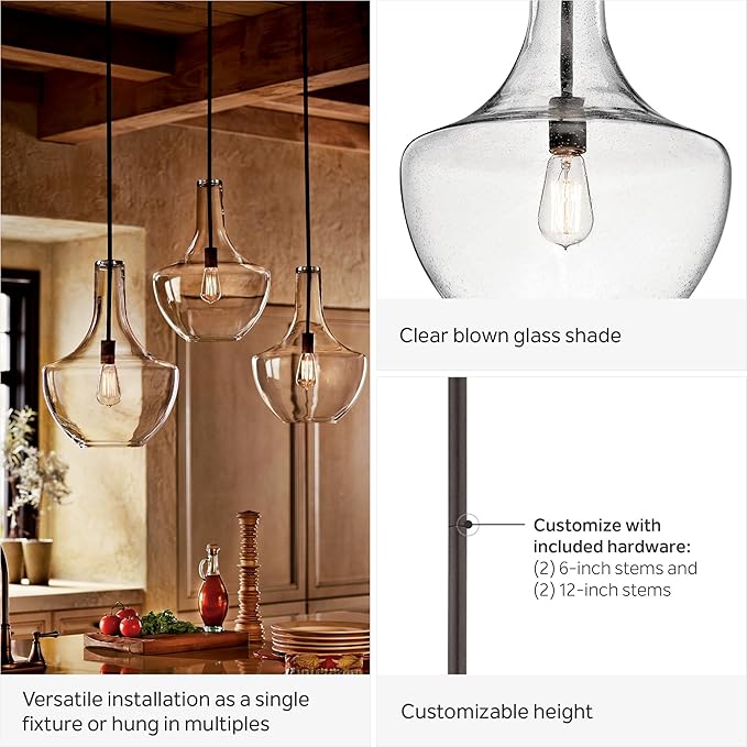 Everly 15.25" 1-Light Bell Pendant with Clear Seeded Glass in Brushed Natural Brass, for a Kitchen Island, Dining Nook, or Home Bar, (15.25" x 10.5") 42141NBRCS