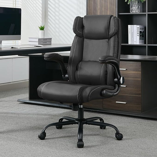 Office Desk Chair,Ergonomic Conference Room Chairs,Mid Back Executive Leather Chair,Comfy Computer Desk Chairs with Adjustable Flip-Up Arms and Rocking Function (Black)