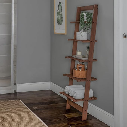 5-Tier Ladder Shelf - 50-Inch Narrow Leaning Bookshelf - Wooden Bookcase for Living Room, Bathroom, Kitchen, Office, or Bedroom Furniture by Lavish Home (Walnut)