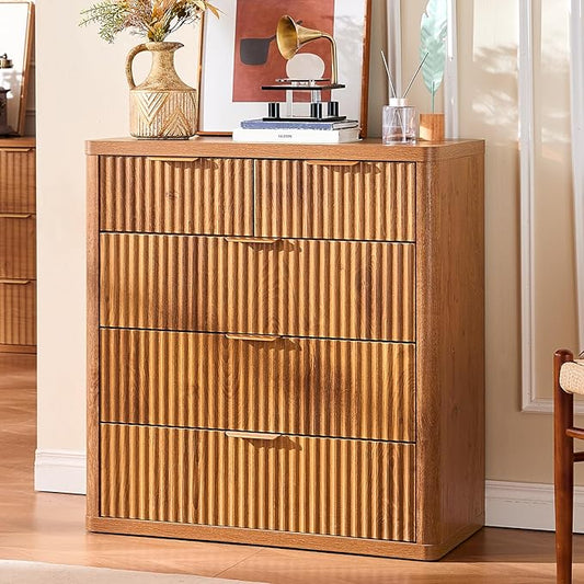 LEYAOYAO Fluted 5 Drawers Dresser for Bedroom, 34" Tall Modern Chest of Drawers with Metal Handle, Curved Profile Design,Brown Wood Drawer Organizer for Bedroom, Living Room, Hallway, Entryway