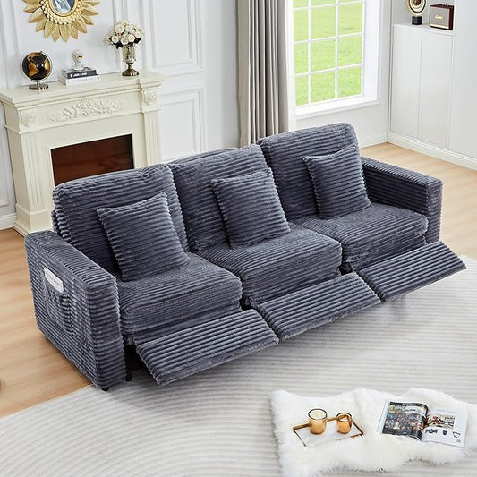 Power Reclining Sectional Sofa, Electric 3 Seat Recliner with 3 Electric Footrest and Adjustable Headrest, Modern Plush Corduroy Fluffy Reclining Sectional with Deep Seat for Living Room-Blue Grey