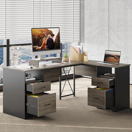 Bestier L Shaped Desk with 4 Drawers, 63" x 47" Executive Desk with Open Storage & Monitor Stand, Corner Desk with 2 File Drawers & Modesty Panel for Home Office, Gray