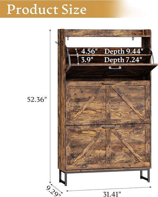 Shoe Cabinet Storage for Entryway, Shoe Storage Cabinet with 3 Flip Drawers, Freestanding Narrow Shoe Rack Organizer with Metal Legs & Side Hook for Foyer, Hallway, Brown