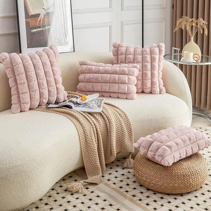 Neelvin Pink Faux Fur Cozy Soft Plaid Decorative Throw Pillow Covers 26x26 inch Set of 2,Velvet Pillowcase Cushion Case for Sofa Couch