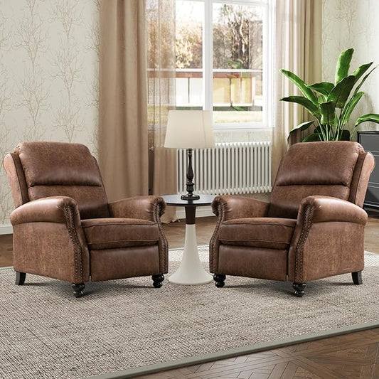 Push Back Recliner Chair Faux Leather Lounge Armchair with Rivet Decoration Wingback Single Sofa Chair with Padded Seat Solid Wood Legs for Living Room, Comfy Upholstered Set of 2, Chocolate