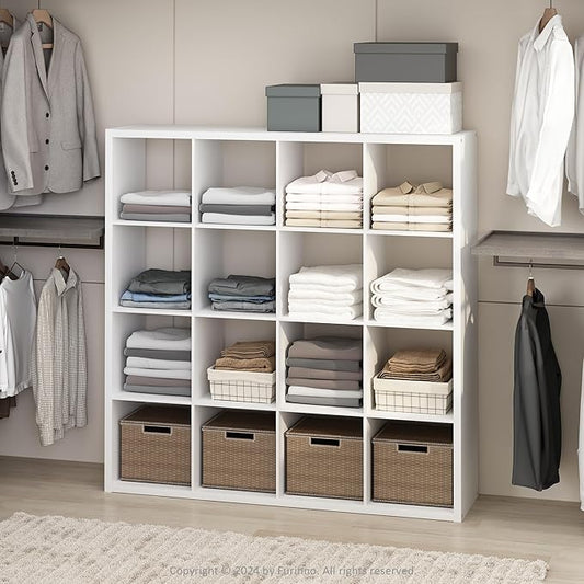 Furinno Cubic Closet Organizers and Storage, 16-Cube Closet Organizer, Open Shelf Closet Storage, Extra Thick Frame for Wardrobe, Bedroom, Living Room, White