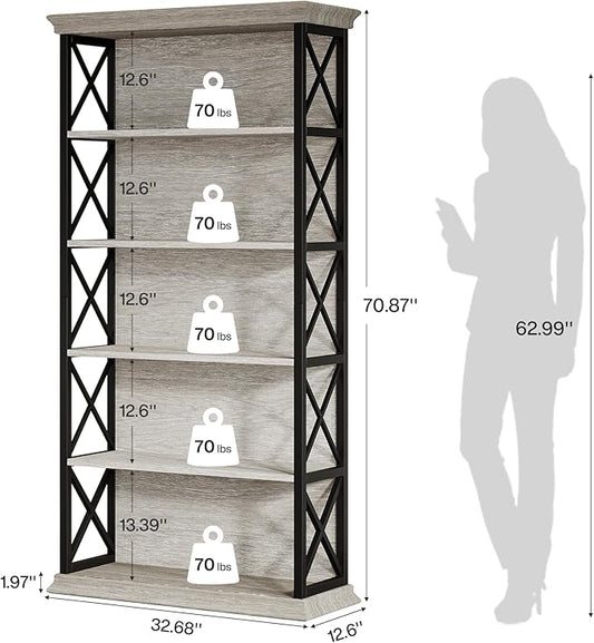Tribesigns 71-Inch Tall Bookcase, 5-Tier Industrial Metal Bookshelf, Large Etagere Bookcases and Bookshelves, Freestanding Display Shelves for Living Room, Bedroom, Gray and Black
