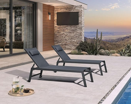 PURPLE LEAF Outdoor Oversized Lounge Chair Set of 3 Patio Chaise Pool Lounger Aluminum Frame with Side Table and Wheels for Outside Sunbathing Tanning Recliner Including Pillows Gray
