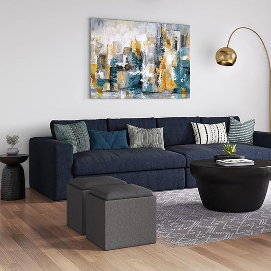 SIMPLIHOME Rockwood 18 inch Wide Contemporary Square Cube Storage Ottoman with Tray in Slate Grey Linen Look Fabric, Assembled, For the Living Room, Entryway and Family Room